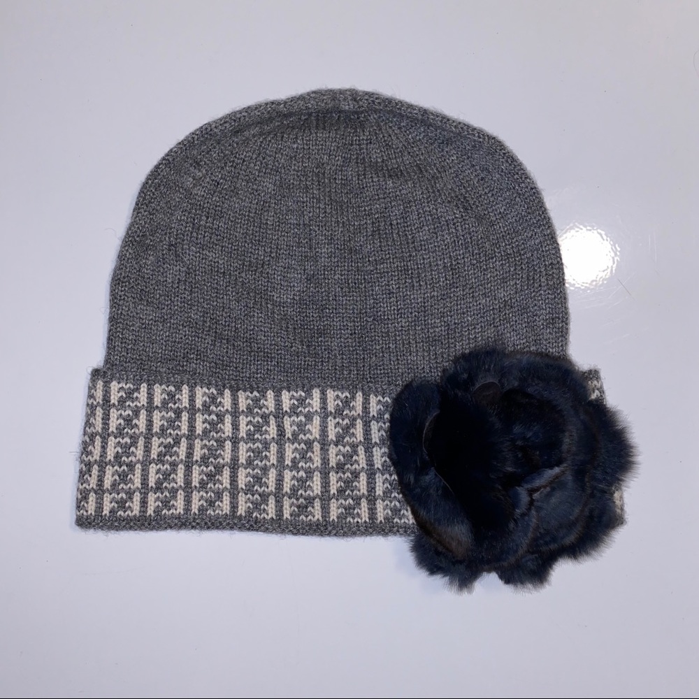 Fendi Cashmere Fur Logo Beanie Hat